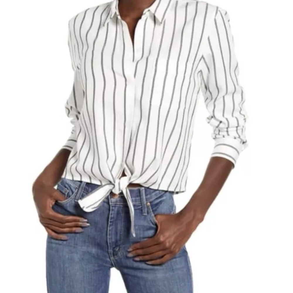 Rails Val Black White Storm Vertical Stripe Tie Front Pleat Shirt Large